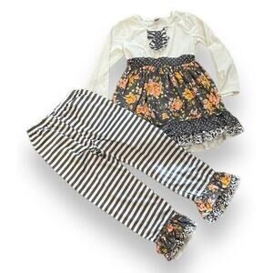 Dash of Glitter Girls M Floral Stripe Ruffle Shirt Pant Outfit White Gray